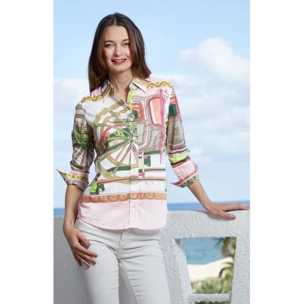 DIZZY LIZZIE TIZZIE ROME 3/4 SLEEVE PINK WHEEL Women M  Whimsical Preppy Shirt